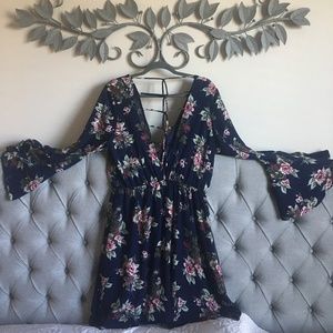 Cute Spring Blue Floral Midi Dress Open Back